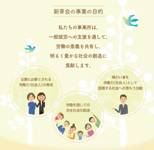 新草会の事業の目的：労働力の育成、共生社会の創造、社会への啓もう活動